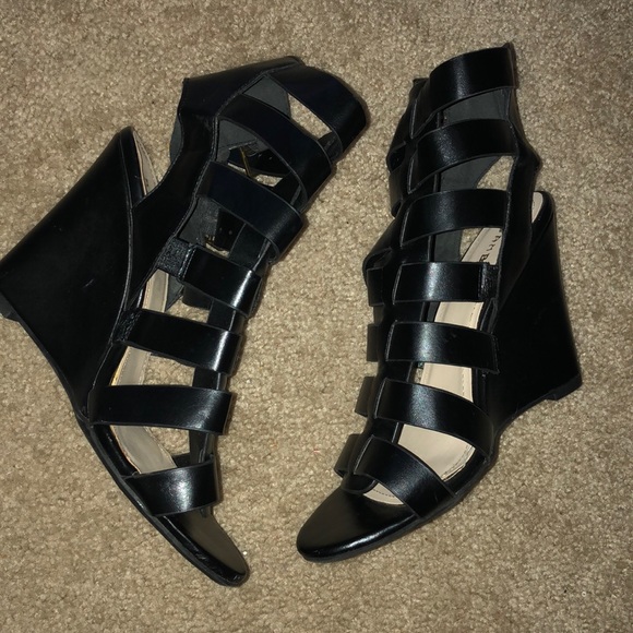 BAMBOO Shoes - Black Caged Wedge Heels